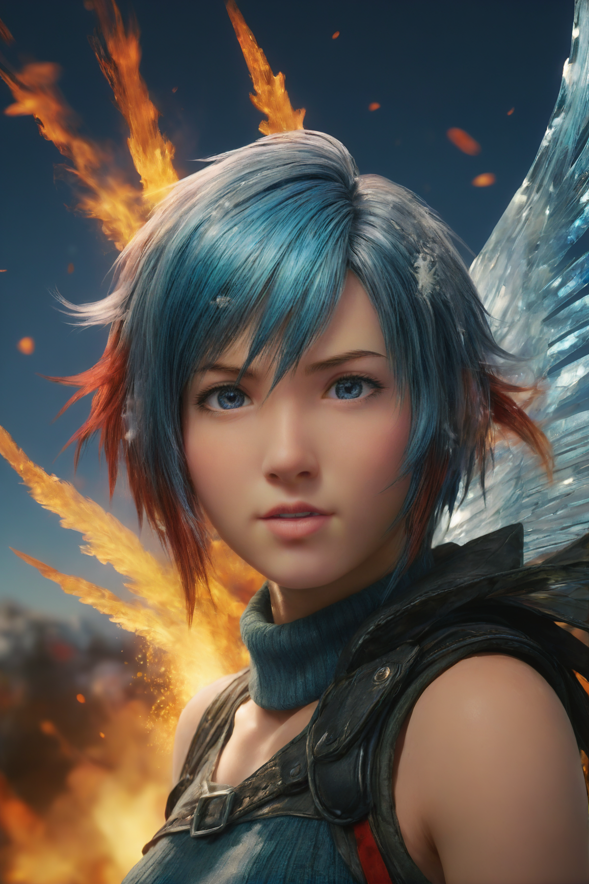 02833-2991501845-yuffie,_lora_yuffie_sdxl_V1-000010_0.5_,(blue spark),(red and blue hair),blue eyes, burning sky,flame,Rainbow in the sky,((Flame.png